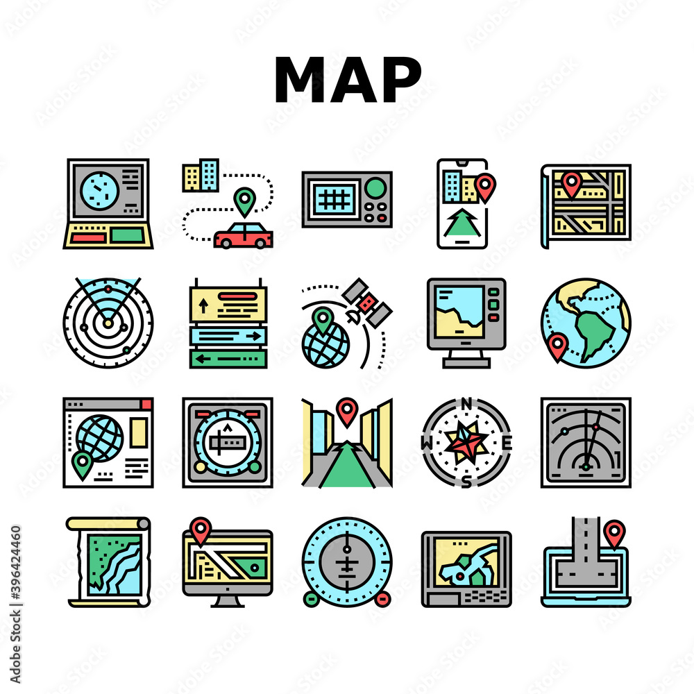 Poster map location system collection icons set vector. map location and gps satellite navigation, directio