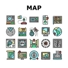 Map Location System Collection Icons Set Vector. Map Location And Gps Satellite Navigation, Direction And Distance, Radar And Compass Concept Linear Pictograms. Contour Illustrations