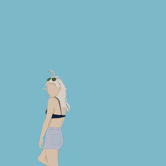 Ilustracja młoda kobieta o jasnych włosach w krótkich spodenkach i okularach na niebieskim tle