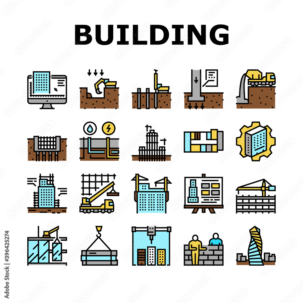 Aufkleber building construction collection icons set vector. excavation and footing reinforcement, columns cas