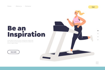 Fitness and healthy lifestyle landing page with woman running on treadmill