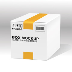 Box blank template 3D mockup with tape and shipping marks