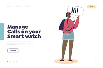 Calls in smartwatch landing page with young girl wearing smart watch for call or chatting