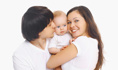 Family portrait of happy mother, father and baby over a white background
