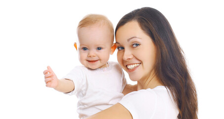 Portrait close up of happy smiling mother with baby over a white background