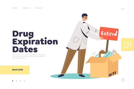 Drug expiration dates landing page with medical doctor and box of expired medicines