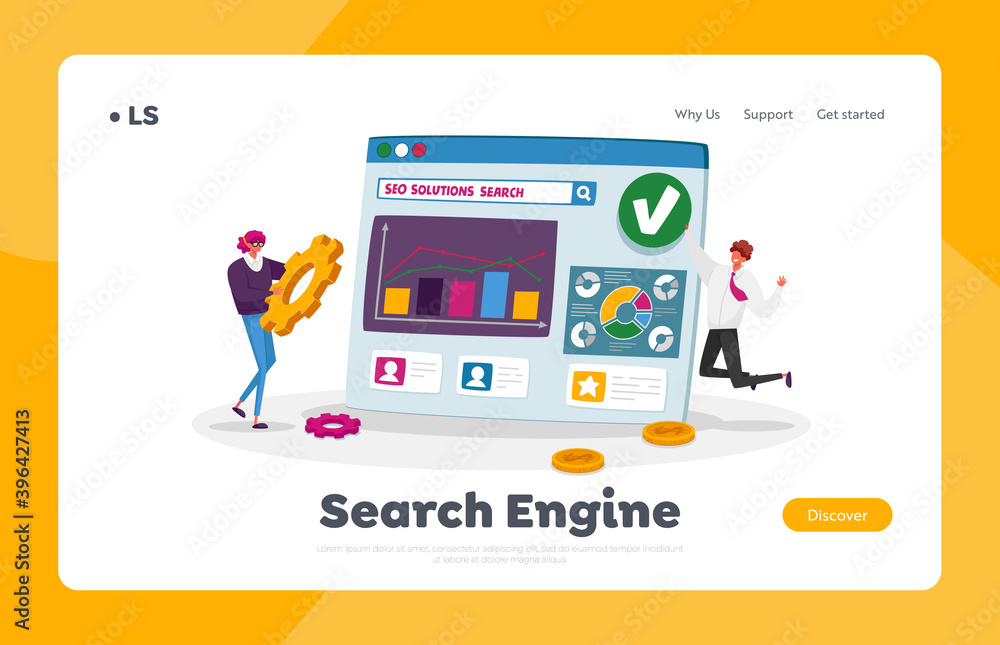 Poster seo, search engine optimization, analysis landing page template. marketing strategy with tiny charac