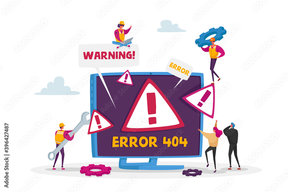 Poster website error 404 page with tiny characters holding tools for repair. page not found , broken intern
