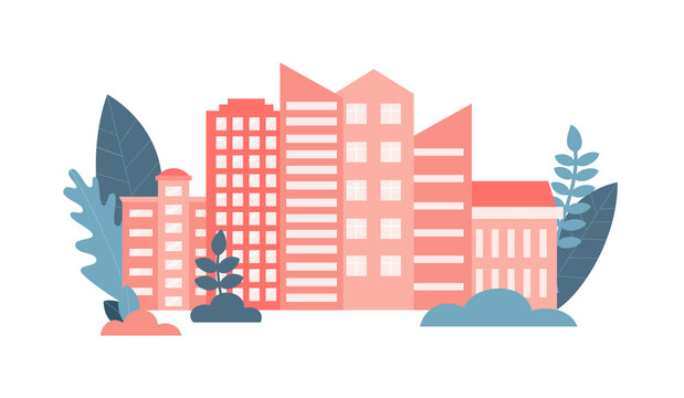recommend clip art: Modern Flat Commercial Office Buildings With Big Windows In Cartoon Style. Colourful Vector Illustration On White Background. Cityscape High Houses And Skyscrapers Surrounded With Green Trees, Plants