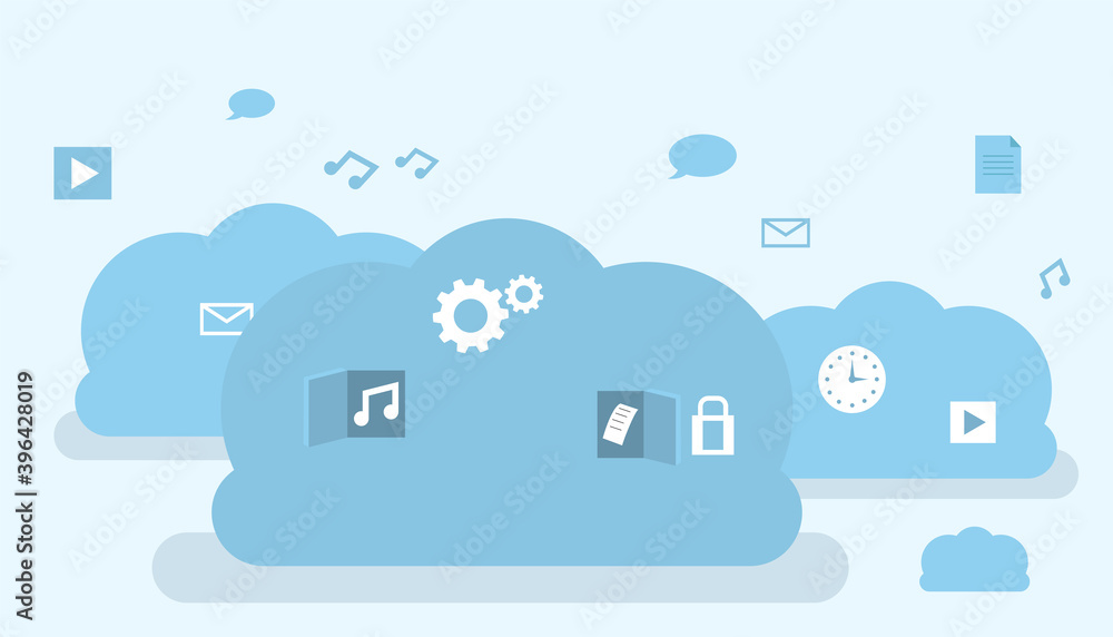 Poster simple vector flat illustration in cartoon style. conceptual art of cloud storage, different data pr