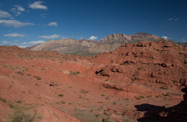 The red canyon. View of the arid desert, valley, sandstone, rocky formations and mountains under a deep blue sky in Talampaya national park in La Rioja, Argentina.