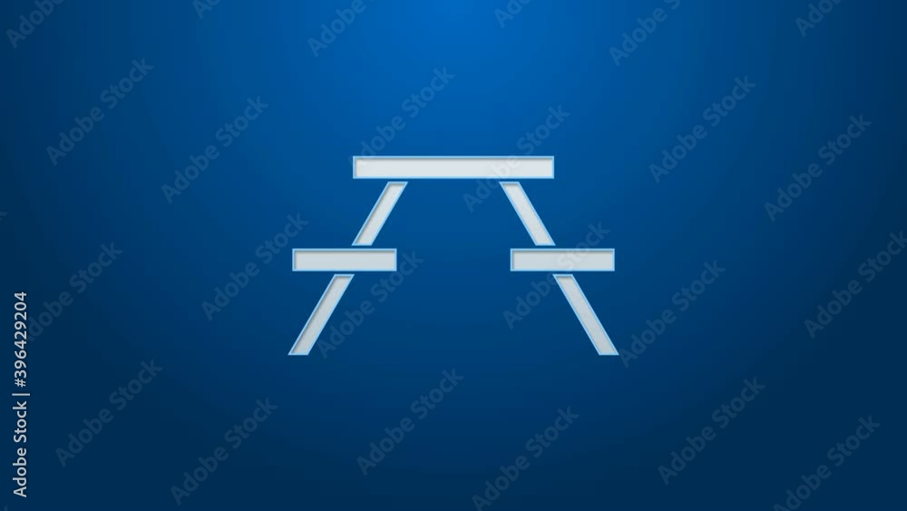 Poster white line picnic table with benches on either side of the table icon isolated on blue background. 4
