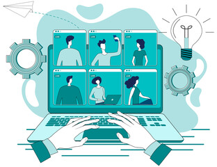 Business negotiations online.People talk to each other via video conference using a laptop.The concept of business relations and teamwork.Business and modern technologies.Flat vector illustration.