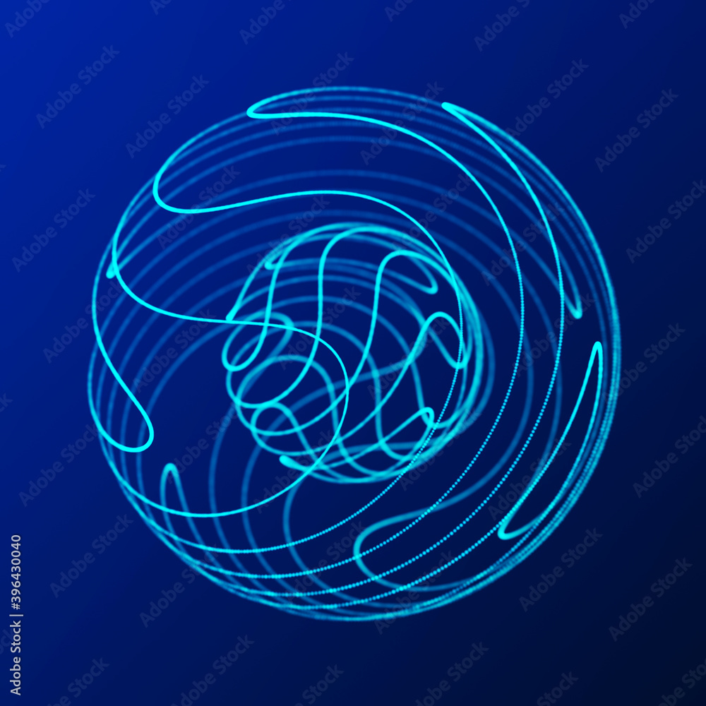 Poster abstract 3d sphere. sphere with twist lines. glowing lines twisting logo design. outer space object.