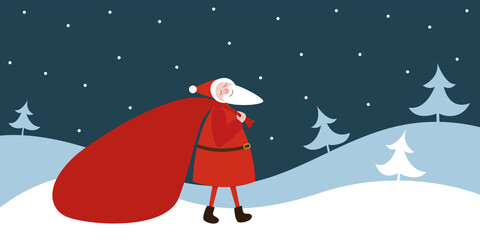 Santa Claus drags a bag of gifts through the snowdrifts. Vector illustration. Christmas and New Year design.