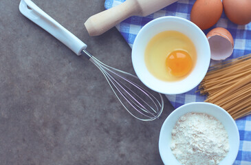 Dough preparation recipe homemade bread, pizza or pie ingridients, food flat lay on kitchen table background