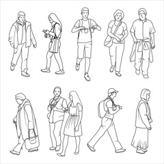 Diverse various people walking set black and white line art vector illustration