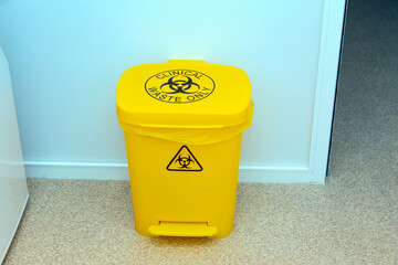 Waste bin for medical biohazard waste in the hospital laboratory.