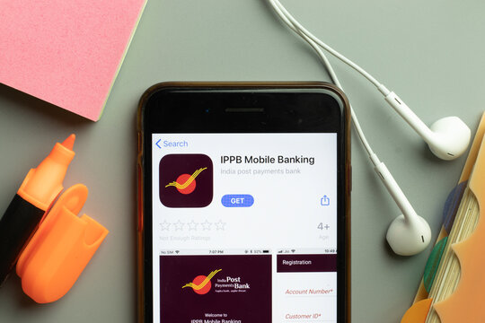 New York, USA - 1 December 2020: IPPB Banking mobile app icon on phone screen top view, Illustrative Editorial