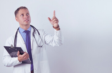 Caucasian medical doctor with clipboard and finger up