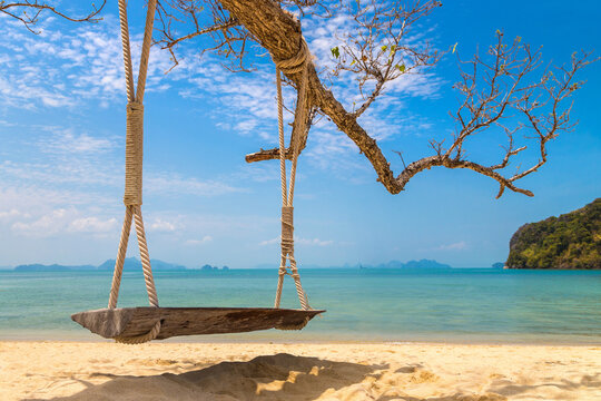 Empty swing at tropical beach
