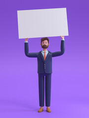 Cartoon characters holding an empty white placard for insert a concept.3d rendering,conceptual image.