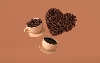 Cup of coffee and realistic coffee beans heart, 3d rendering background. Masses of coffee beans close up.