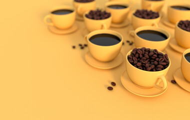 Cup of coffee and realistic coffee beans, 3d rendering background. Masses of coffee beans close up. Pastel colors