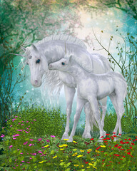 Fototapety  Unicorn Endearing Moment - A Unicorn foal nuzzles its mother for reassurance in the magical forest full of flowers and a cherry tree.