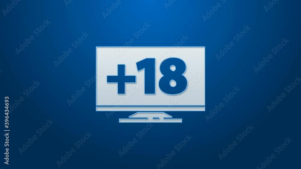 Poster white line computer monitor with 18 plus content icon isolated on blue background. age restriction s