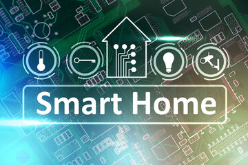 Technical background with the logo of the Smart home. The IOT concept. Internet of smart things. Remote home management program. Smart home concept on the background of a printed circuit Board.