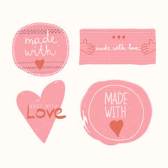 Set of label tag with lettering made with love. Calligraphy handwritten text for artisans. Vector hand drawing flat stickers. For your cartoon style design.