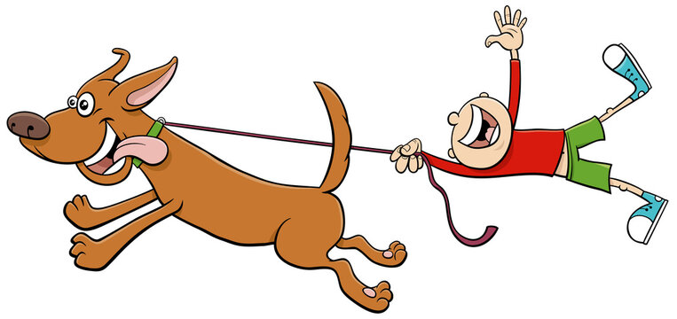 Dog Pull Kid On Leash Cartoon Illustration