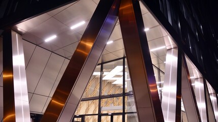 Combination of metal and glass wall material. Steel facade on columns. Abstract modern architecture. High-tech minimalist office building. Contemporary business architecture abstract fragment in night