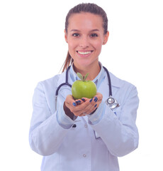 Smiling woman doctor with a green apple. Woman doctor