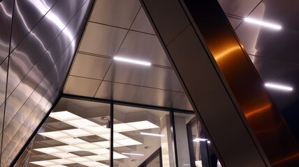 Combination of metal and glass wall material. Steel facade on columns. Abstract modern architecture. High-tech minimalist office building. Contemporary business architecture abstract fragment in night