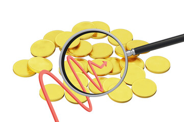 gold coins are scattered on a plane, curved red arrow and magnifier, isolated on a white background, finance, economics analysis concept, decrease in wages, 3d render