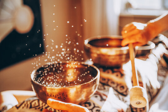 Tibetan copper bowl for meditation, close-up photo 