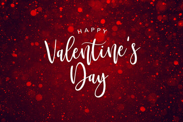 Happy Valentine's Day Text Over Luxurious Red Sparkle Glitter Background, Glamorous Valentine Holiday Calligraphy Font with Glowing Defocused Bokeh Lights Backdrop, Elegant Valentine's Day Card Design - obrazy, fototapety, plakaty