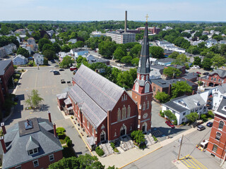 Parish of St. John the Baptist Church aerial view at 17 Chestnut Street in downtown Peabody,...