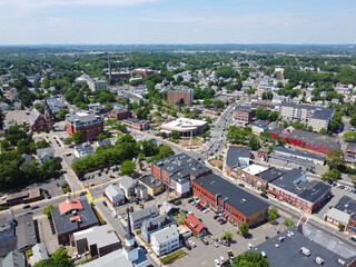 Aerial view of historic commercial buildings on Main Street in downtown Peabody, Massachusetts MA,...