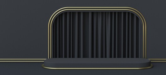 Abstract background golden border stage with black curtains 3D