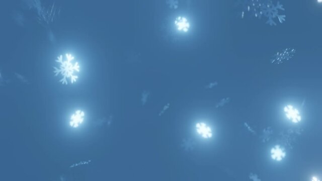 White abstract snowflakes slowly falling down on blue background - christmas, winter or new year template