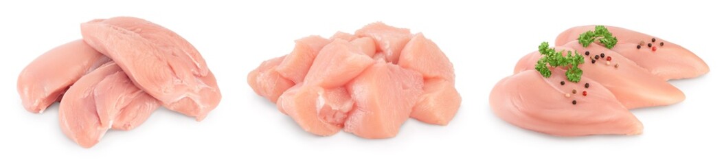 Fresh chicken fillet isolated on white background with full depth of field. Set or collection