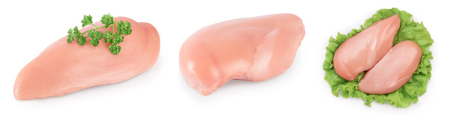 Fresh chicken fillet isolated on white background with full depth of field. Set or collection