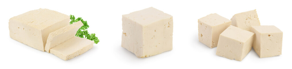 tofu cheese isolated on white background with clipping path and full depth of field, Set or collection