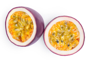 passion fruits half isolated on white background. maracuya with clipping path. Top view. Flat lay