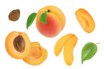 apricot fruit with half and slices isolated on white background. Top view. Flat lay