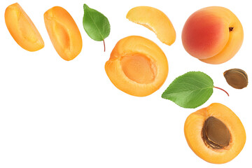 apricot fruit with half and slices isolated on white background. . Top view with copy space for your text. Flat lay