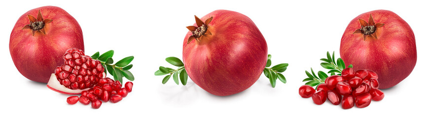 Pomegranate with leaf isolated on white background with clipping path and full depth of field. Set or collection